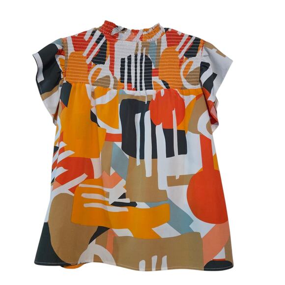 THML Anthropologie Blouse sz Large, Smocked, Flutter Sleeves, Bright Print - Picture 2 of 8